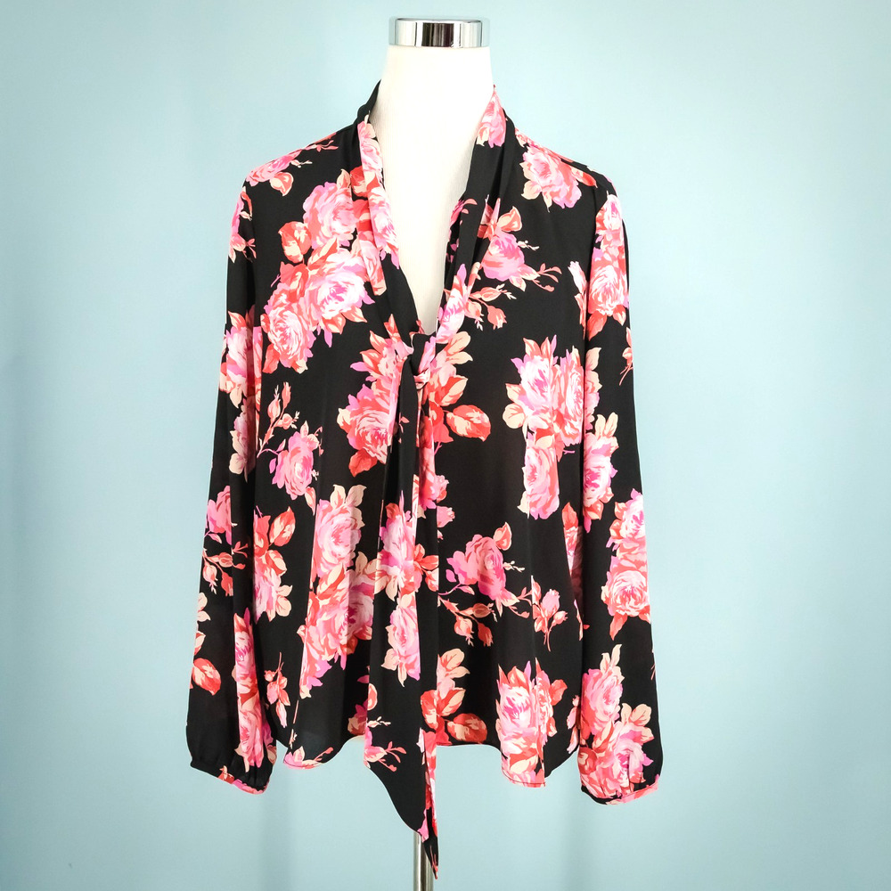 J. Crew Size Large L Black Pink Floral Print Tie Neck Button Long Sleeve Top